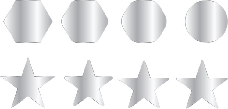 Set of metallic silver geometric shapes, including hexagons with varying degrees of corner rounding and fivepointed stars with different edge sharpness