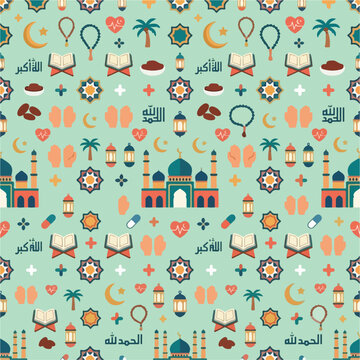 Islamic seamless pattern background, flat vector ramadan kareem and eid mubarak elements texture with mosque, quran, lanterns, dates, and crescent moon on mint green backdrop.eps