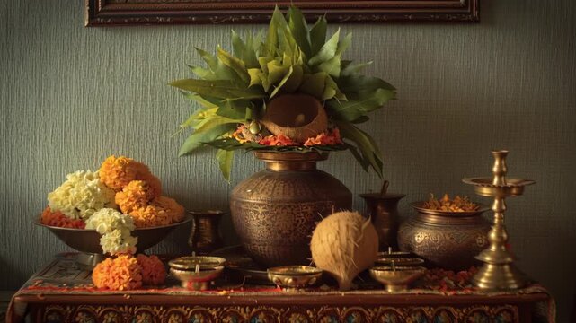 Traditional Indian Kalash Setup with Oil Lamp Lit for Hindu Prayer Ritual