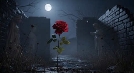 Obraz premium Red rose blooming in dark gothic ruins under a full moon.