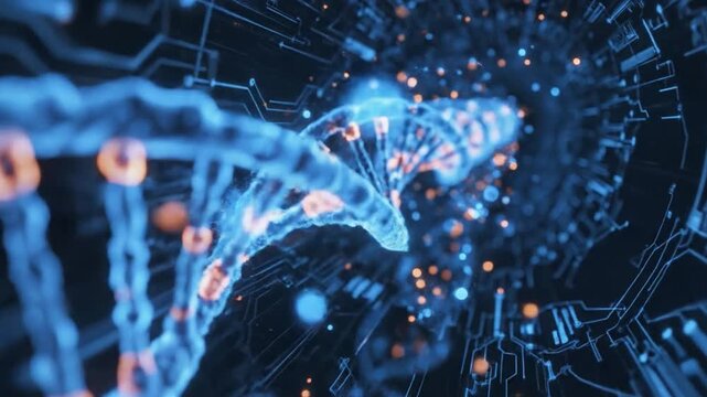 Glowing blue DNA double helix spirals through a futuristic digital environment with circuit board patterns and bokeh.