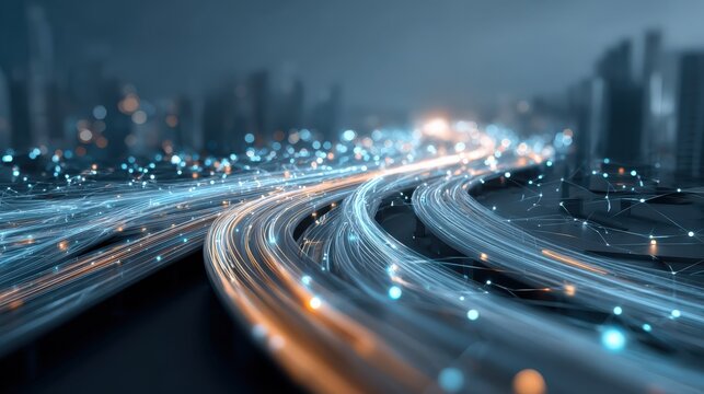 A futuristic cityscape ablaze with light trails and glowing digital particles. ..Created with Generative AI, not depicting real subjects.