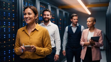 Obraz premium Diverse Team of IT Professionals Walking Through a Modern Data Center Corridor.