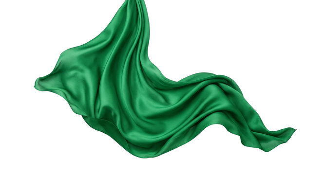 Flowing emerald green silk fabric gracefully draped and waving in motion