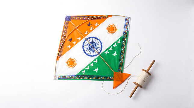 Independence Day India celebration with tricolor kite and spool on white background showing patriotism and national pride.