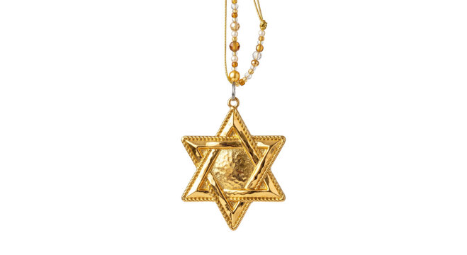 Elegant golden Star of David pendant with beaded necklace on white background