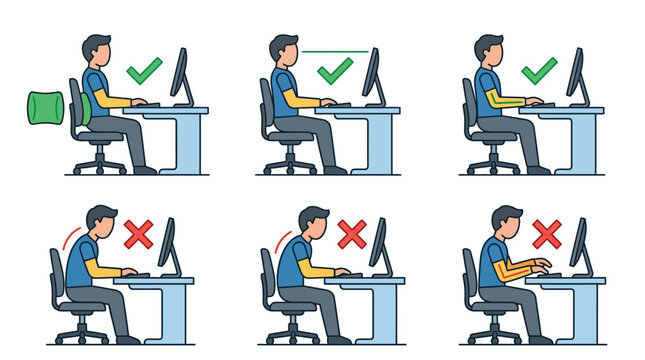 Correct and incorrect ergonomic sitting posture at office desk