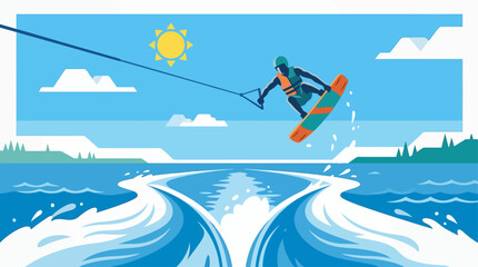 Fototapeta premium An exciting flat design illustration of a wakeboarder mid-air, performing a dynamic trick over a boat's wake, showcasing athleticism and adrenaline. 