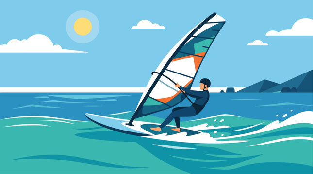 A thrilling flat design illustration featuring a windsurfer expertly gliding across the water with a full sail, embodying speed and freedom. 