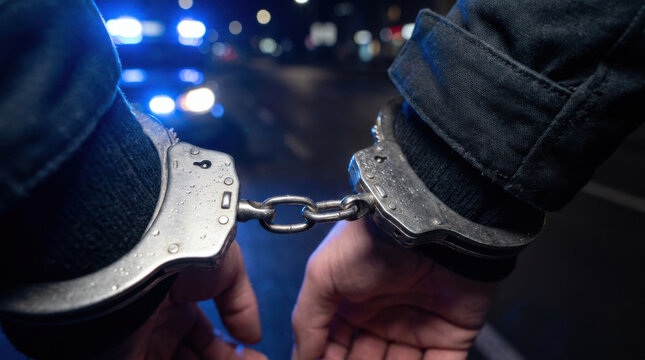 Handcuffs on suspect wrists with police lights in background at night, symbolizing arrest and law enforcement