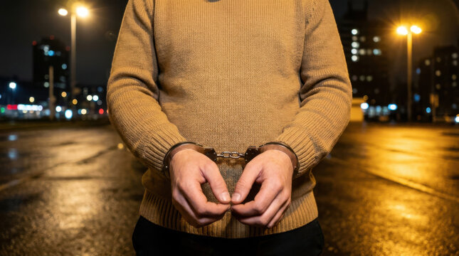 Hands cuffed in sweater at night on city street with blurred lights creating tense and dramatic mood