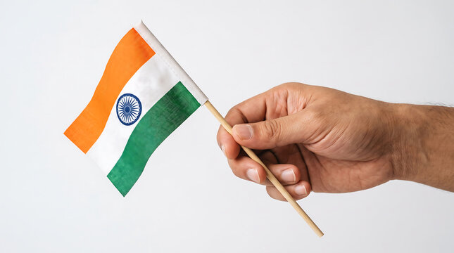 A hand holding Indian tricolor flag celebrating freedom on August 15 with saffron white green colors and Ashoka Chakra symbolizing national pride and unity in diversity.