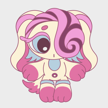 Cute cartoon animal girl with bangs over her eyes. Funny character. Cartoon character design.