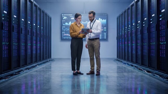 Two IT Engineers Discussing Server Performance in a Modern Data Center.