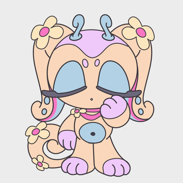 Cute cartoon animal girl with flowers. Funny character. Cartoon character design.