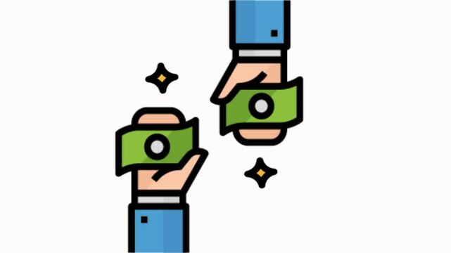 Animation of hand holding money. Person receiving cash.