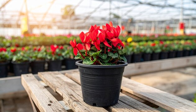 Red cyclamen potted flower in greenhouse nursery with cyclamen greenhouse blooming horticulture agriculture botanical