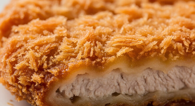Pork cutlet features a golden brown crispy panko breadcrumb texture and succulent white meat interior.