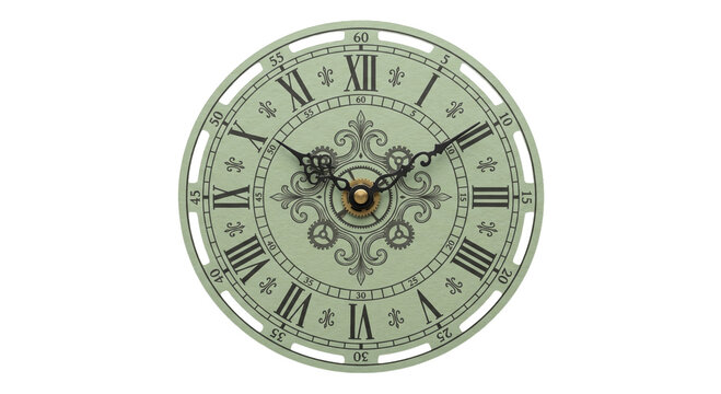 Vintage clock face with Roman numerals and ornate gears, a timeless design
