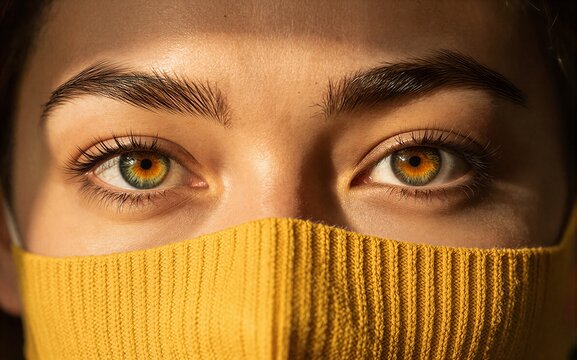 Close-up of eyes behind yellow knitted mask, warm light highlights gaze.