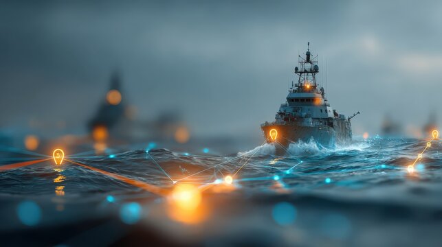 A fleet of warships sails through choppy seas under a stormy sky, illuminated by abstract digital network lines that suggest a futuristic. ..Created with Generative AI, not depicting real subjects.