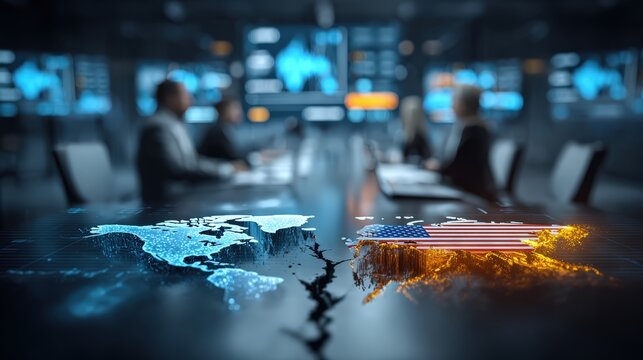 A dramatic global map split by a deep crack sits on a conference table as shadowy figures in a dimly lit room look on. ..Created with Generative AI, not depicting real subjects.