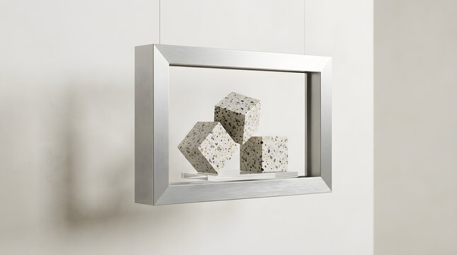 Operational efficiency concept with satin aluminum frame and terrazzo cubes
