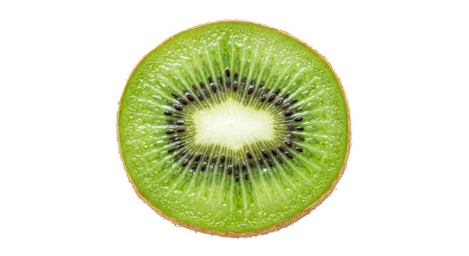 Close-up macro shot of a vibrant green kiwi fruit slice with black seeds