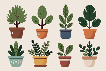 Fototapeta premium Collection of various green indoor potted plants in cute ceramic containers is displayed in a flat vector style.