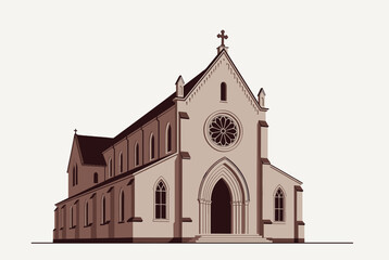 Fototapeta premium Beautiful gothic cathedral church building with intricate architectural details is illustrated in retro vector style.