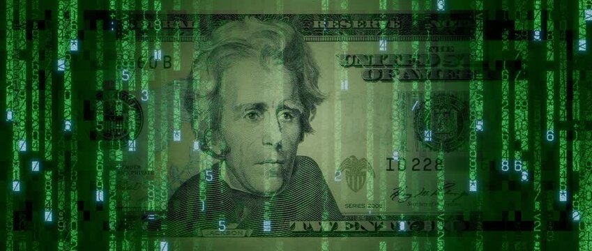 Electronic Cash Concept with Twenty Dollar Bill made from Animated Code. Cryptocurrency Finance Background.