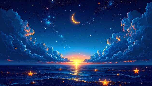Fantasy illustration of starry night sky over ocean waves with crescent moon and glowing stars. night landscape with moon and stars on the ocean