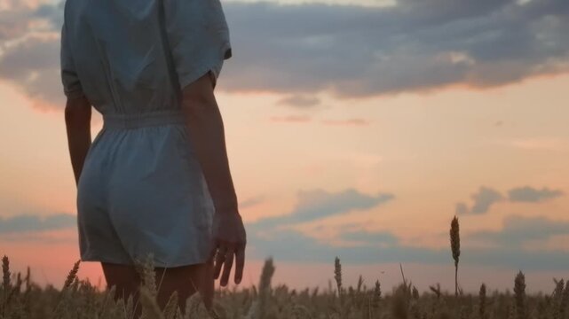 Slender woman walking in countryside, admiring golden wheat field in sunrise. Amazing farmland with growing and ripping rye, enjoy calm rural life in summertime, lady feeling freedom and happiness