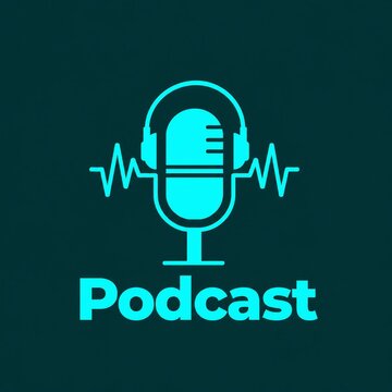 Cyberpunk style microphone and headphones icon with podcast text