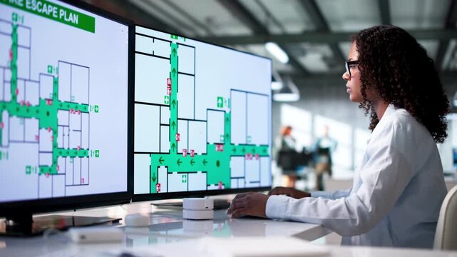 Safety Officer Reviews Emergency Evacuation Map During Workplace Fire