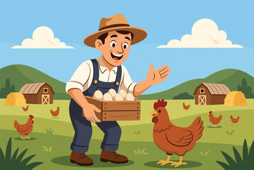 Fototapeta premium Cheerful male farmer holds a box of fresh eggs surrounded by happy chickens in a sunny farmyard field.