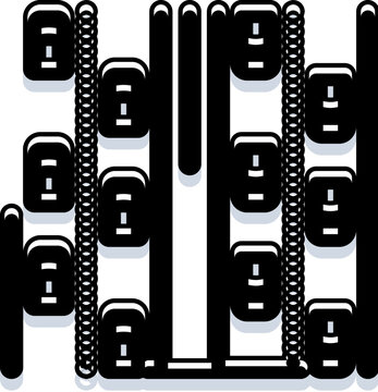 Parking lot design featuring cars neatly arranged in rows and parallel parking spaces, with a central road for vehicle movement, appearing as a schematic plan