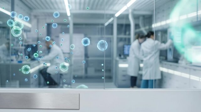 scientist working in laboratory with digital cell visualization for research purposes