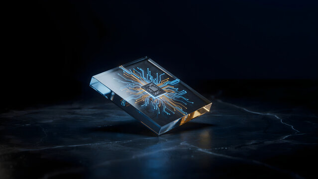 Futuristic microchip processor floating above a dark marble surface with glowing blue and orange circuit board patterns