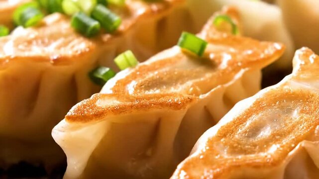 Cooking Dumplings in a Pan with Fresh Green Onions
