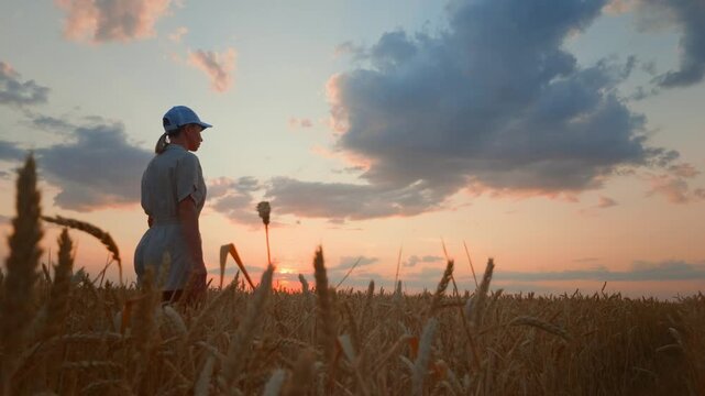 Woman farmer walking in farmland and dreaming of good rye harvest or wheat. Ecological region for organic farming, growing cereals, epic dynamic shot in agricultural field, human in nature, rural life