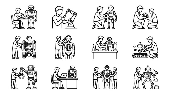 Minimalist Black and White Line Art Illustrations of Humans Collaborating with Robots in Various Tech Scenes