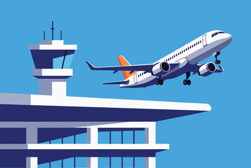 Fototapeta premium Passenger airplane taking off into a clear blue sky over an airport terminal building and control tower in a flat vector style.