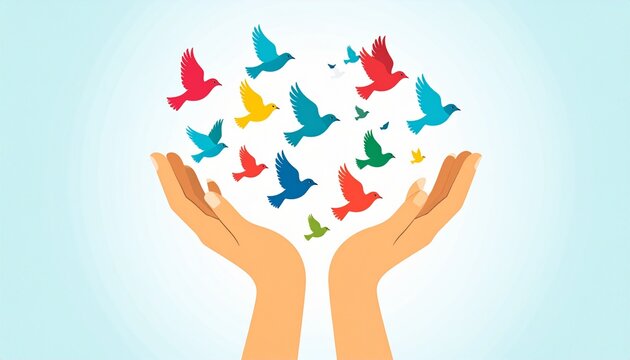 Colorful abstract hand gesture with floating birds illustration.