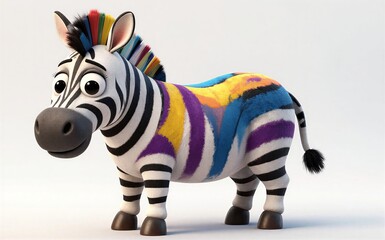 Obraz premium Colorful zebra with rainbow mane, playful expression, vibrant stripes against white background.