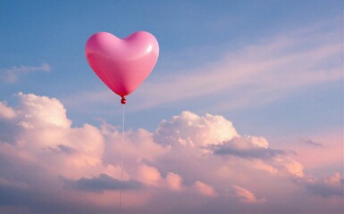 Obraz premium Pink heart balloon floats above fluffy clouds at sunset, serene and dreamy.