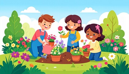 Naklejka premium Four cheerful children gardening together outdoors in summer.