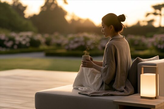 Serene woman relaxing outside with a steaming mug at dawn