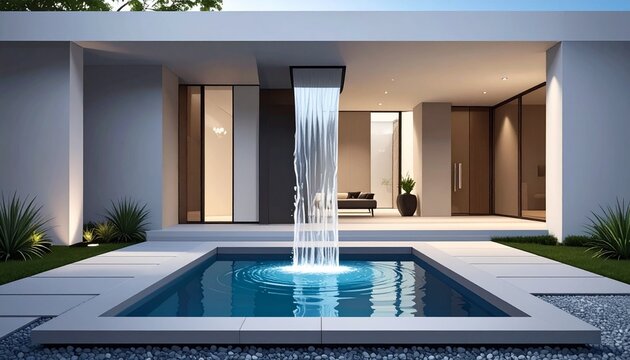 Modern luxury home infinity pool with lush greenery backdrop.