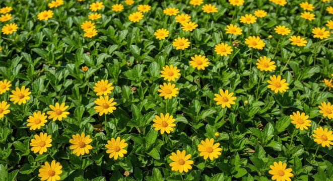 Yellow Daisies in a Green Field on a Sunny Day with Clouds in the Sky A field of yellow daisies